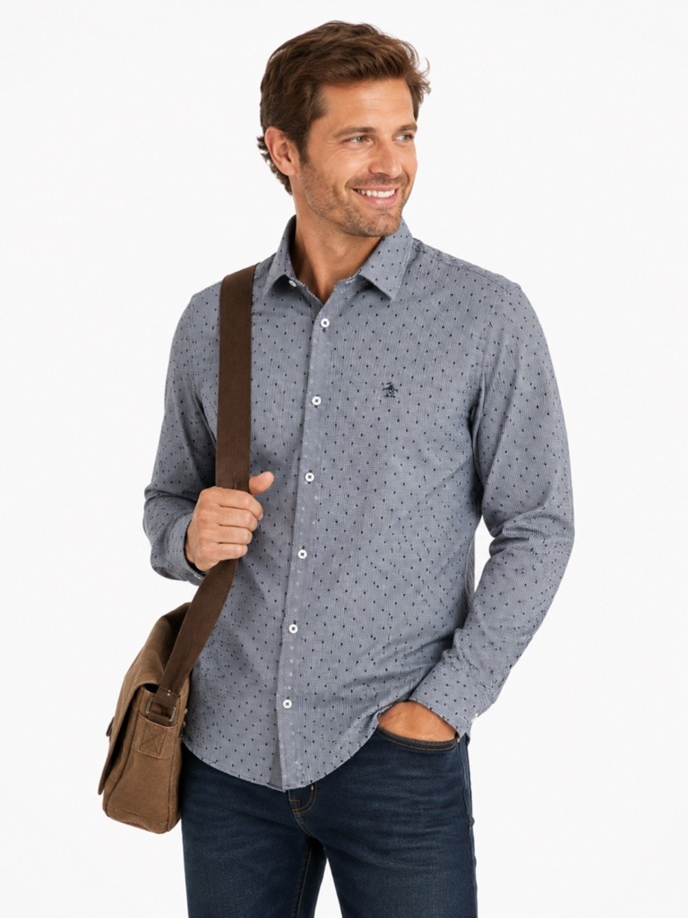 Penguin Heritage Slim Fit Dress Shirt Size Medium Blue Polka Dot Long Sleeve